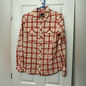 REI plaid snap closure top